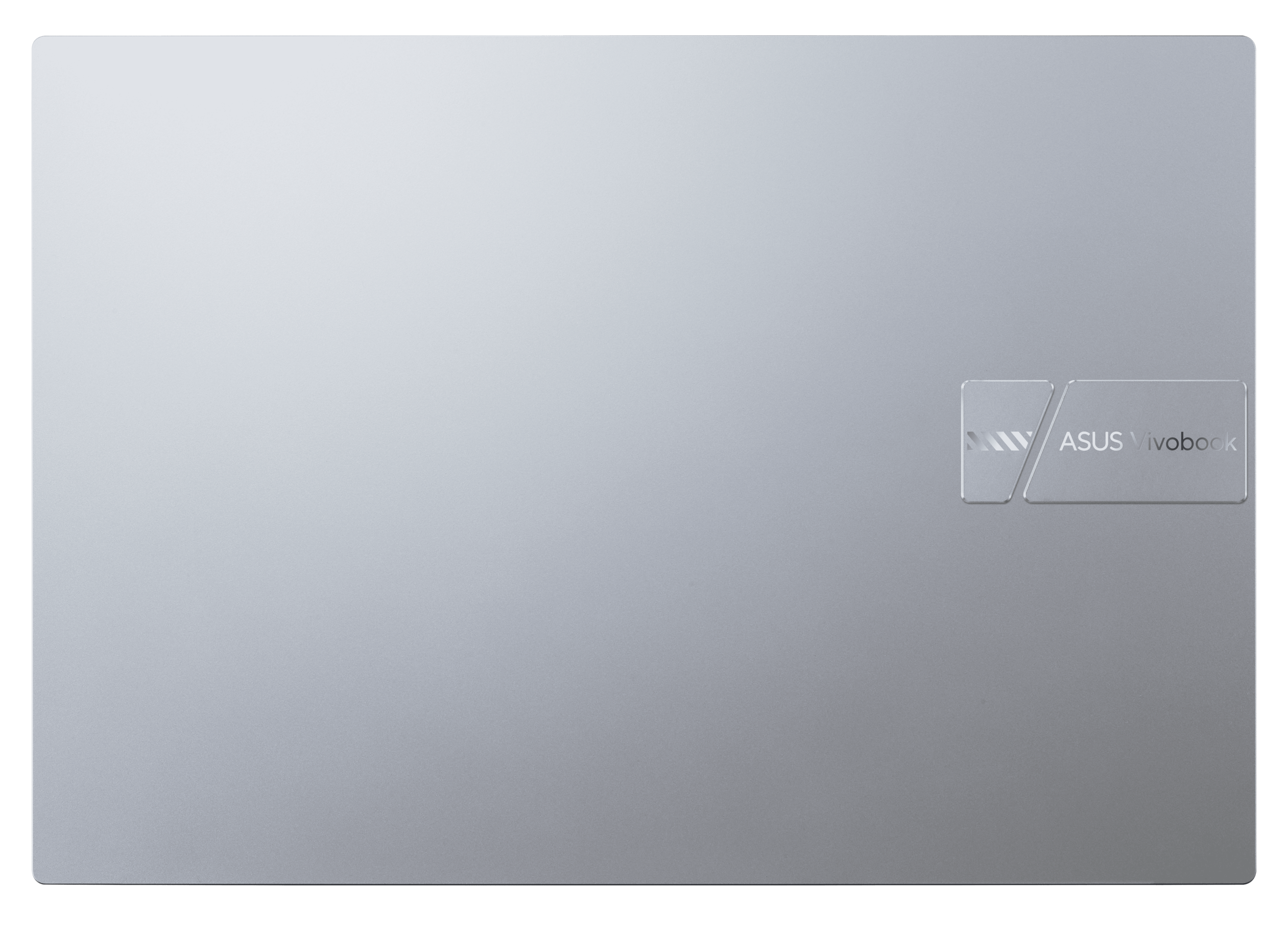 Srebrna pokrywa laptopa, zamknięta. Logo ASUS Vivobook po prawej, szare tło.