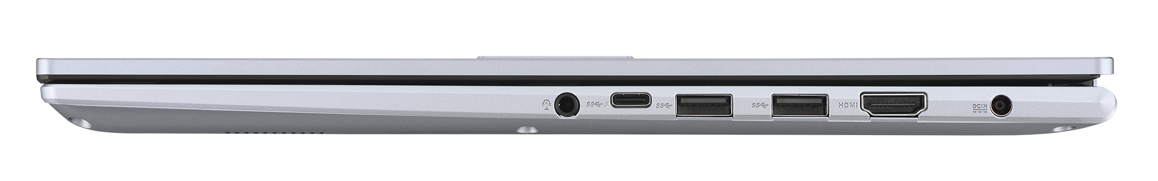 Widok z boku srebrnego laptopa, pokazujący porty. Czarne tło.