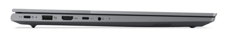 Seitenansicht eines grauen Laptops mit Anschlüssen.