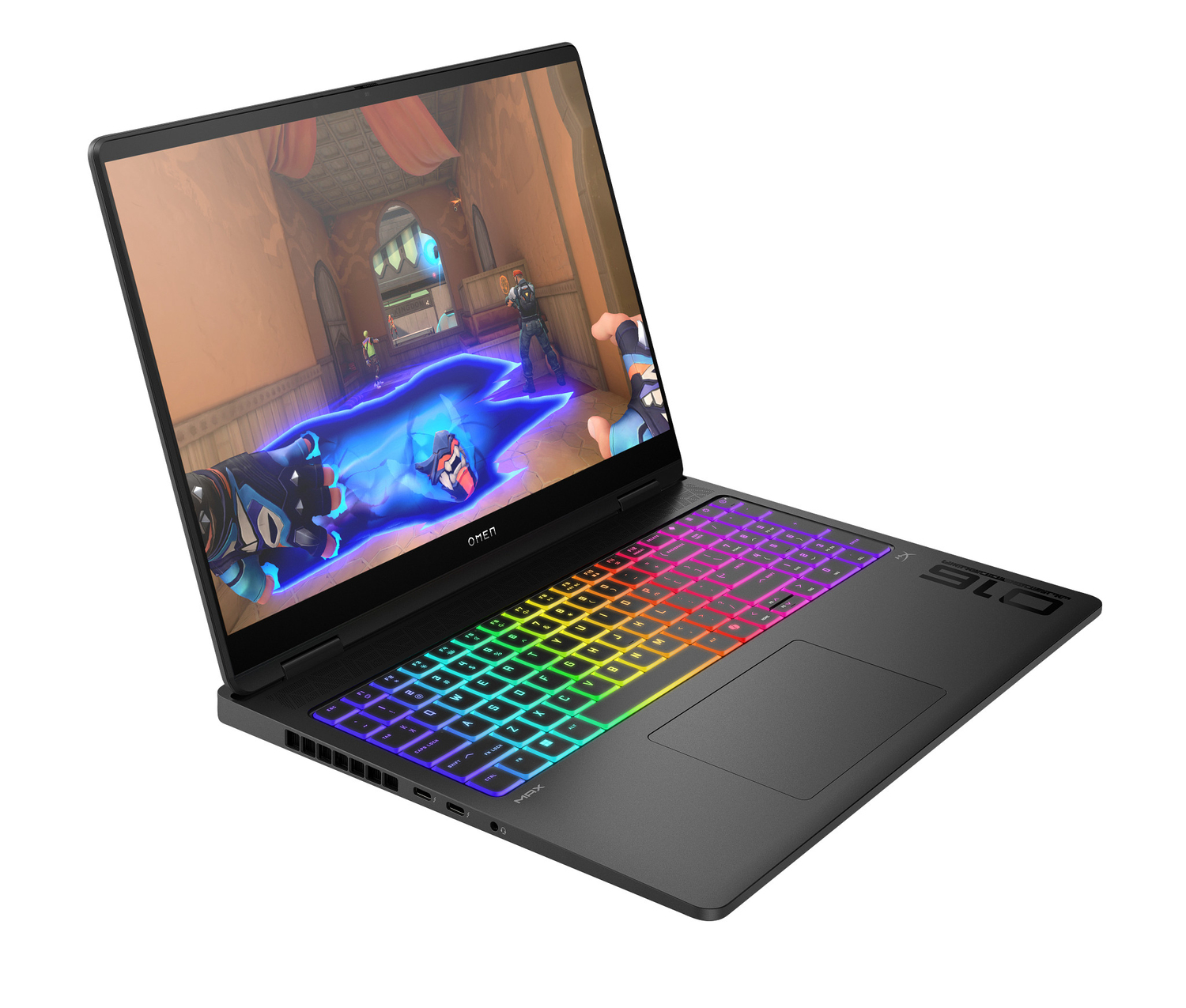 Laptop Omen negro muestra escena de juego. Teclado con iluminación arcoíris. La pantalla muestra una explosión de energía azul.