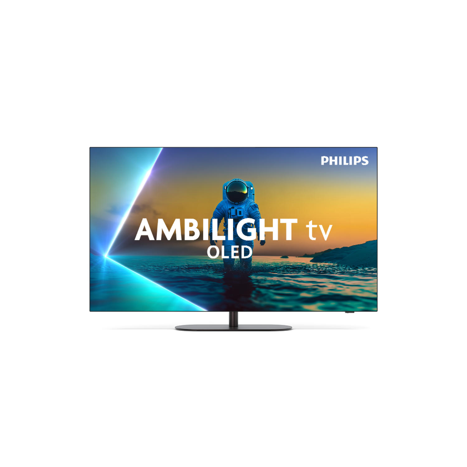 Philips Ambilight OLED TV with an astronaut on the screen, a sunset background, and the brand's logo.