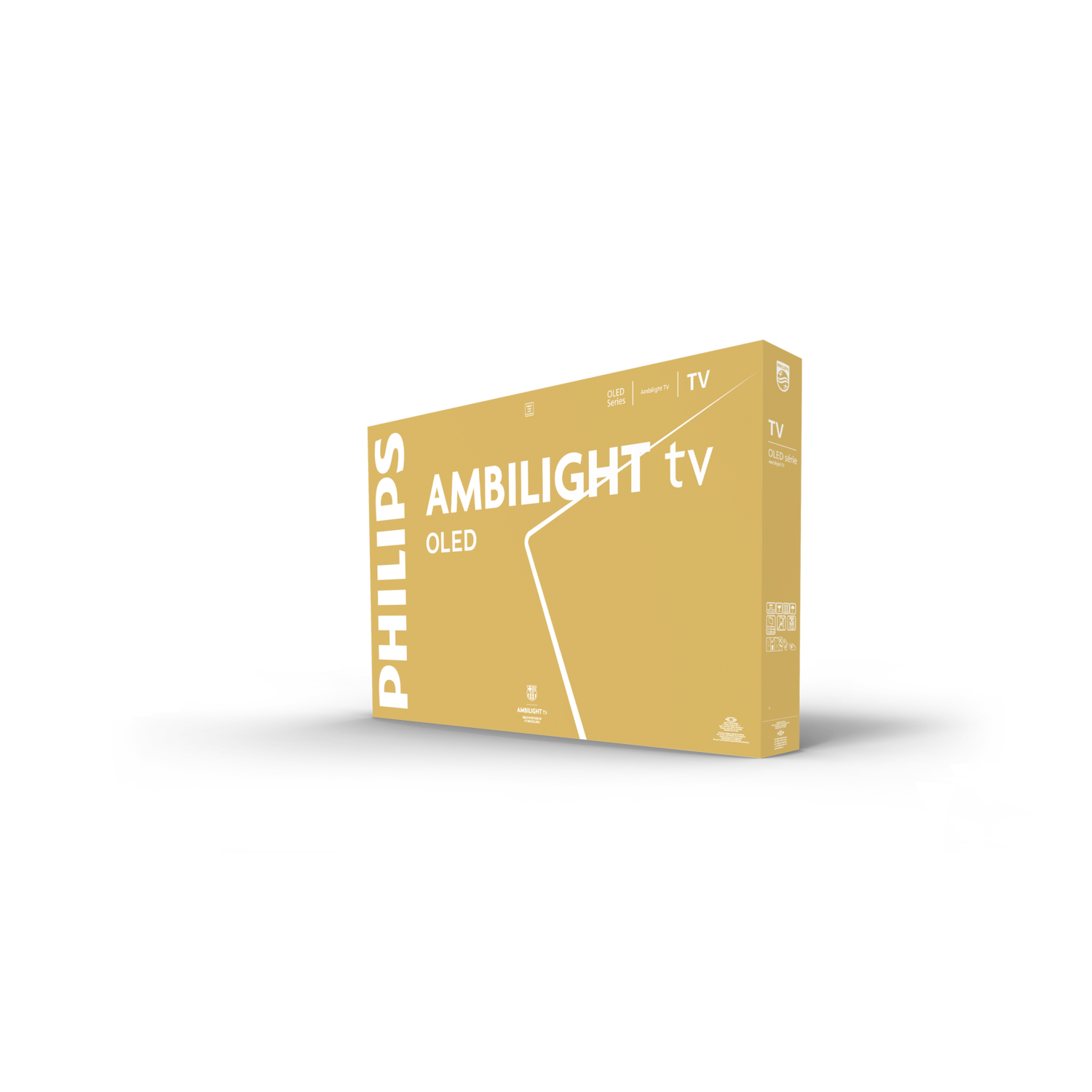 A golden box with 'AMBILIGHT tv OLED' on it. The box is on a black background.