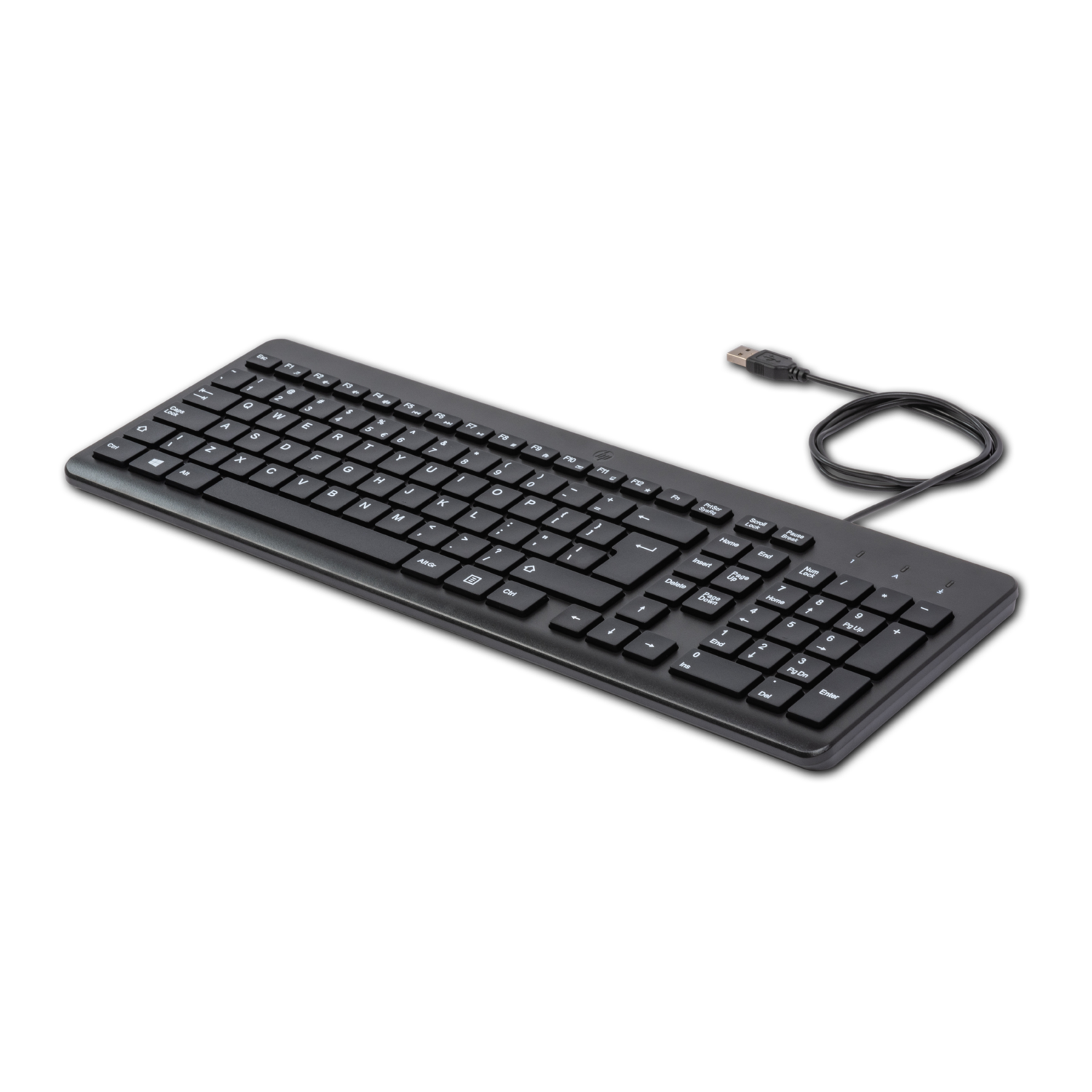 Black keyboard with USB cable, angled view, black background.