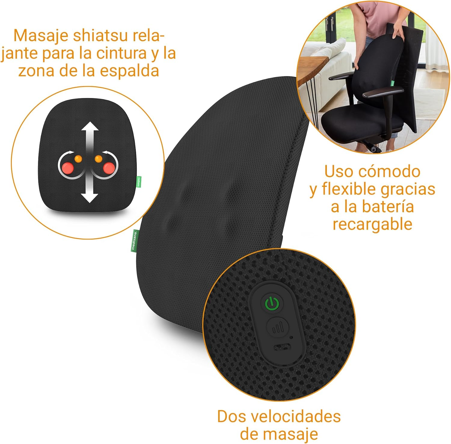 Imagen de un masajeador de espalda shiatsu negro con diagramas y texto detallados en español.