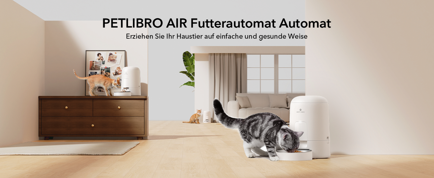 Innenraum mit Katzen, einem Petlibro Air Futterautomaten und Möbeln. Text auf Deutsch.