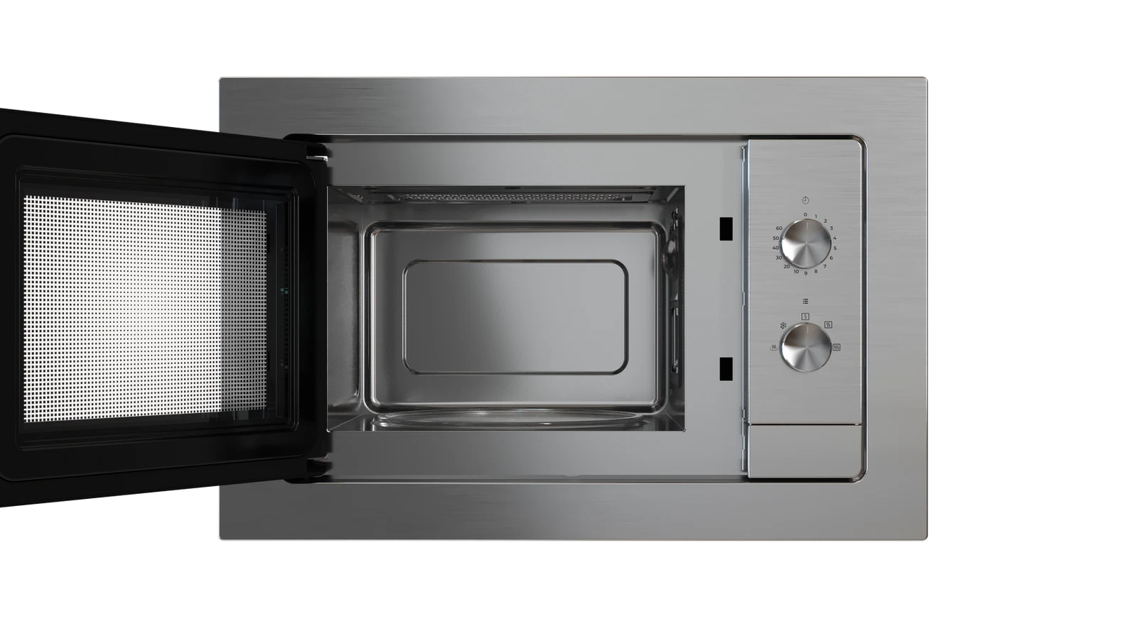 Horno microondas, puerta abierta, interior de acero inoxidable, mandos de control a la derecha.