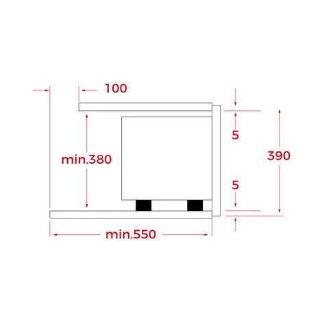 Diagrama de un microondas. Muestra las dimensiones y medidas del microondas.