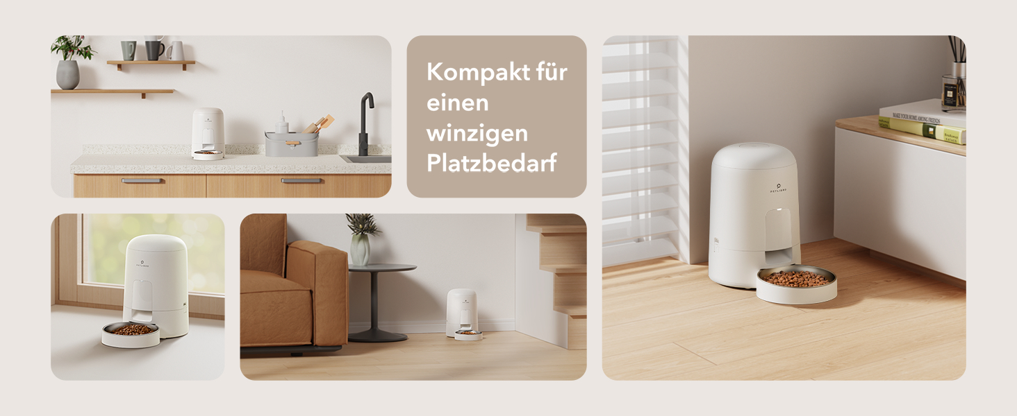Mehrere Bilder eines automatischen Haustierfutterautomaten, platziert in verschiedenen Umgebungen.