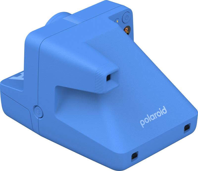 Cámara Polaroid azul, vista lateral. Tiene un visor y un botón de encendido.