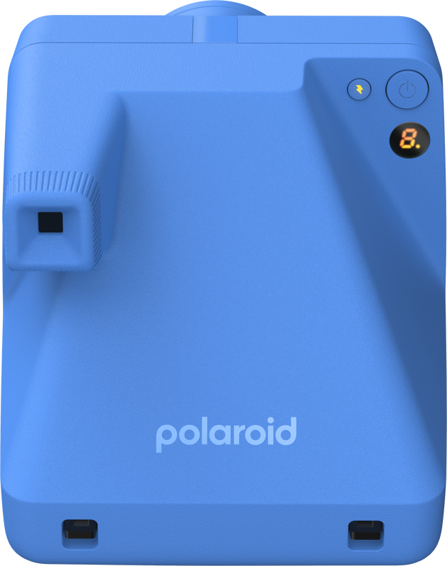 Cámara Polaroid azul, vista superior. Cuenta con un botón de encendido y una pantalla.