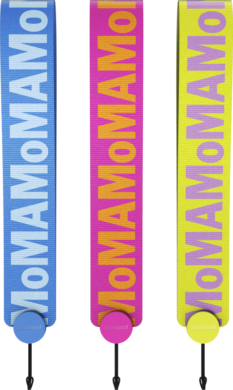 Tres correas de colores: azul, rosa y amarillo, cada una con un logotipo de Polaroid.