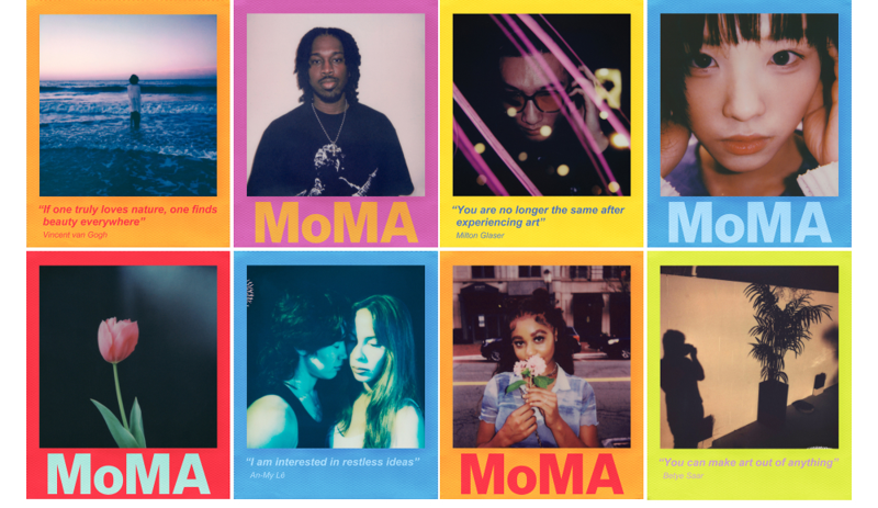 Ocho fotos Polaroid con diferentes imágenes y citas, logo de MoMA en la parte inferior.