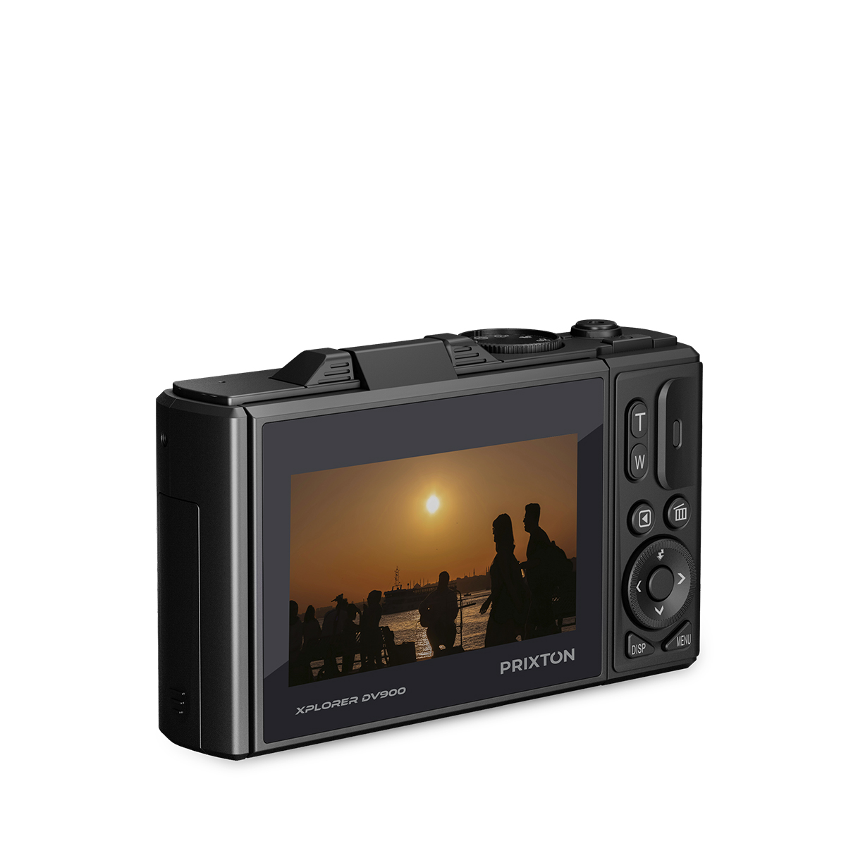 Cámara digital negra, vista trasera, mostrando la puesta de sol en la pantalla. Silueta de personas en la playa.