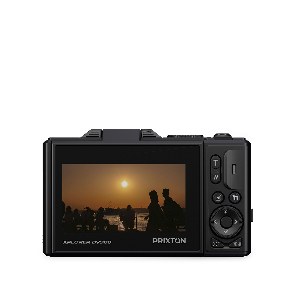 Cámara digital negra, vista trasera, pantalla mostrando la puesta de sol. Silueta de personas en la playa.