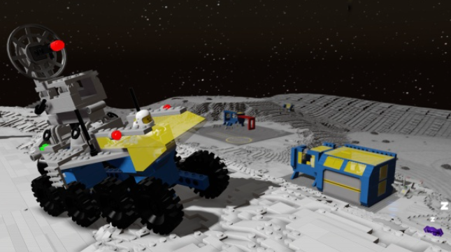 Eine Lego-Weltraumszene mit einem Rover und einer Basis. Der Hintergrund zeigt eine Mondoberfläche und Sterne.