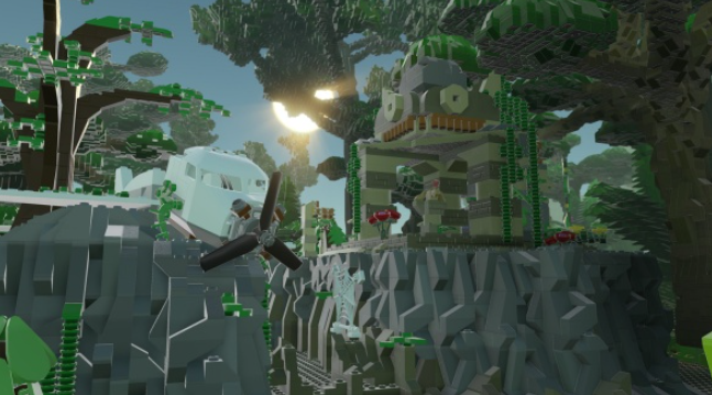 Eine Lego-Dschungelszene mit einem abgestürzten Flugzeug und einer Struktur. Bäume, Felsen und grünes Laub sind sichtbar.