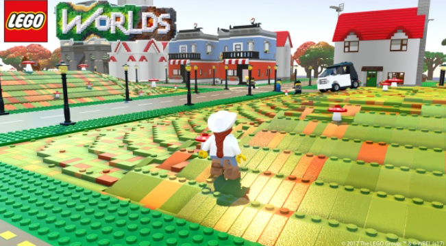Eine Lego-Welt-Szene mit einer Figur, die auf einer Ziegelstraße geht. Gebäude, Bäume und Gras sind im Hintergrund.
