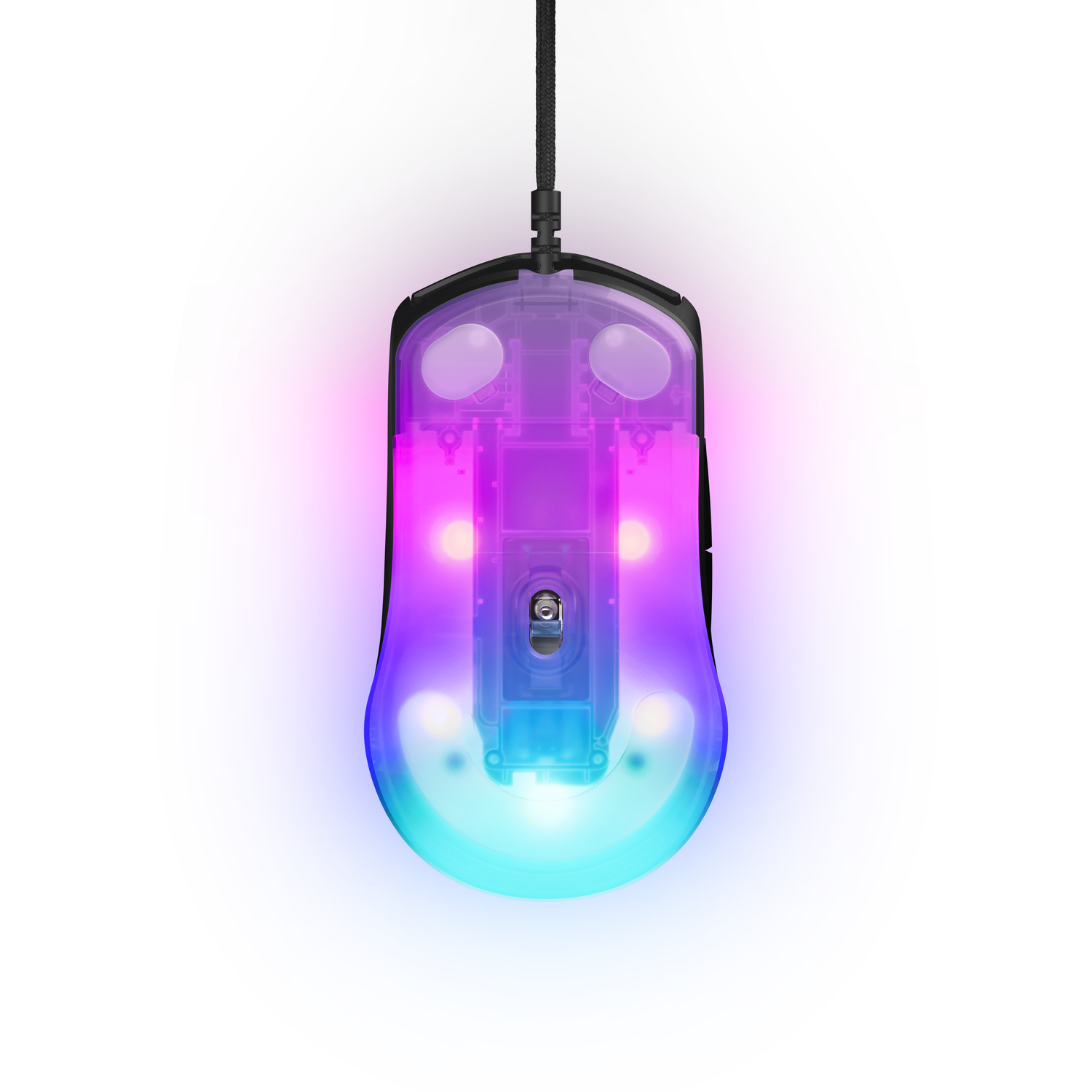 Gaming mouse, top view, showing internal components and RGB lighting, white background.