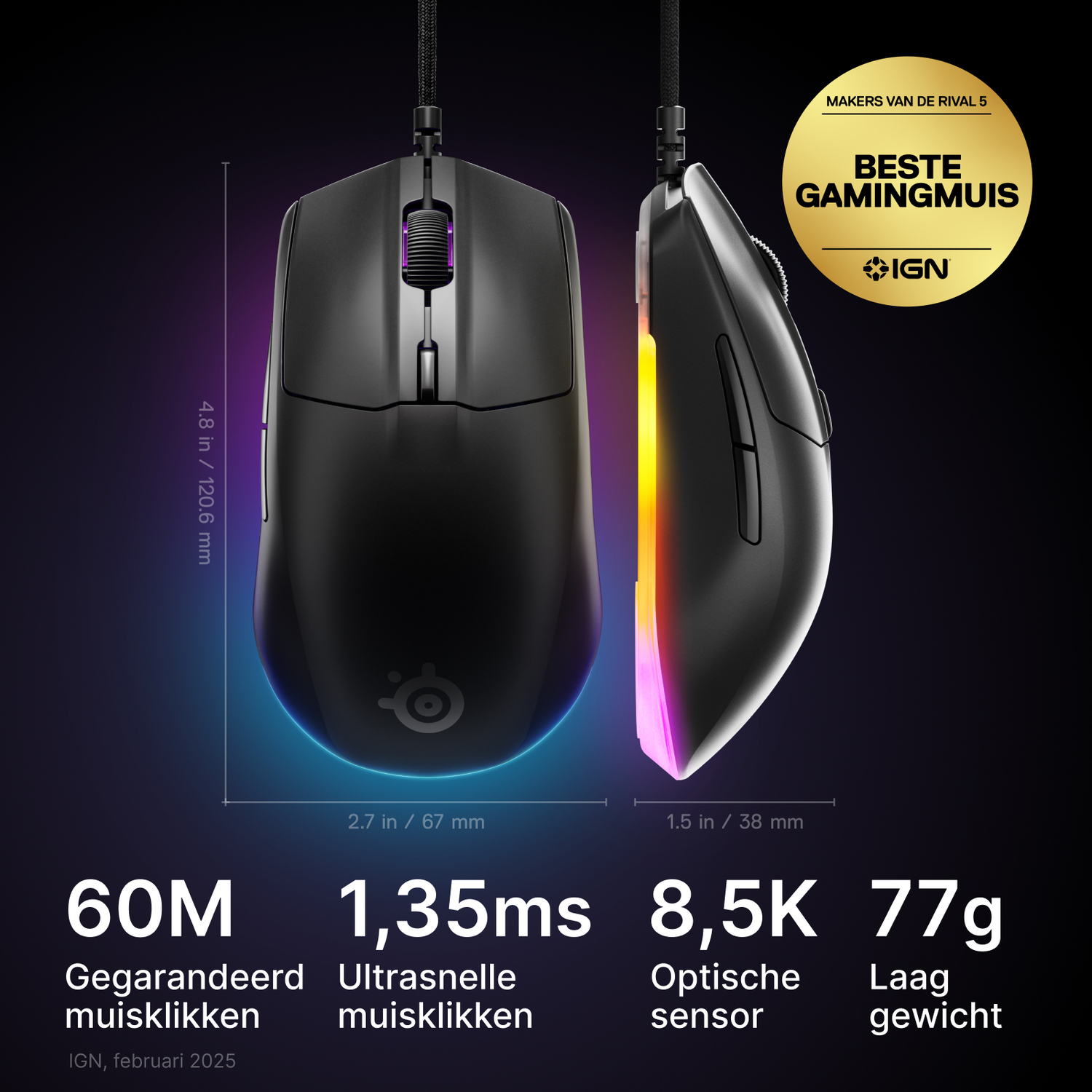 Gaming mouse with dimensions and specifications, black. Features dimensions and performance details.