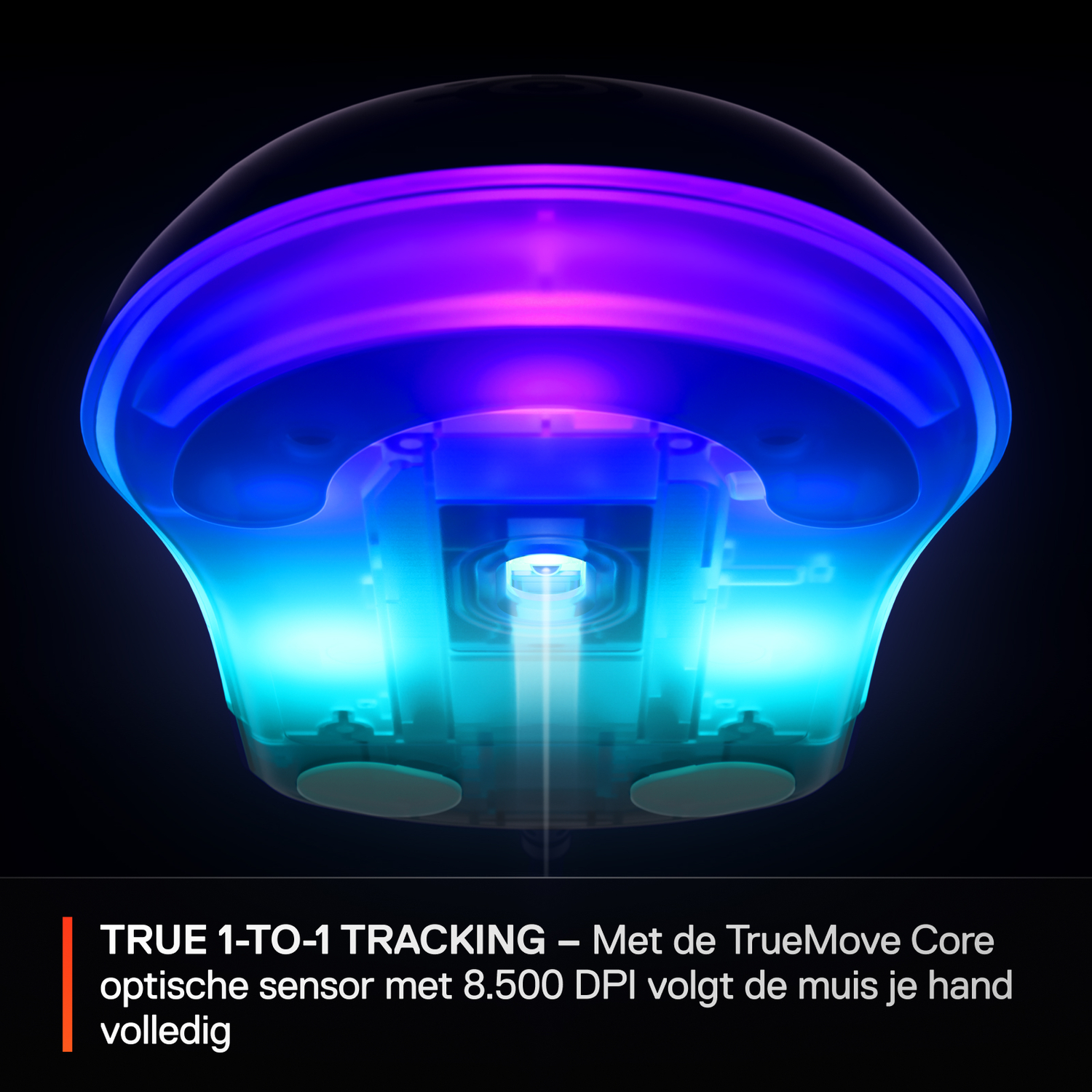 Gaming mouse base with RGB lighting. Shows TrueMove Core optical sensor and internal components.