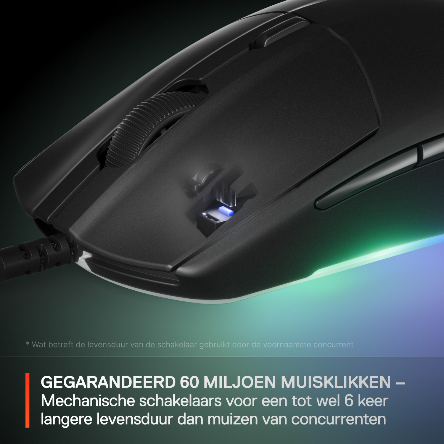 Close-up of a gaming mouse, highlighting mechanical switches and durability features. Black color.