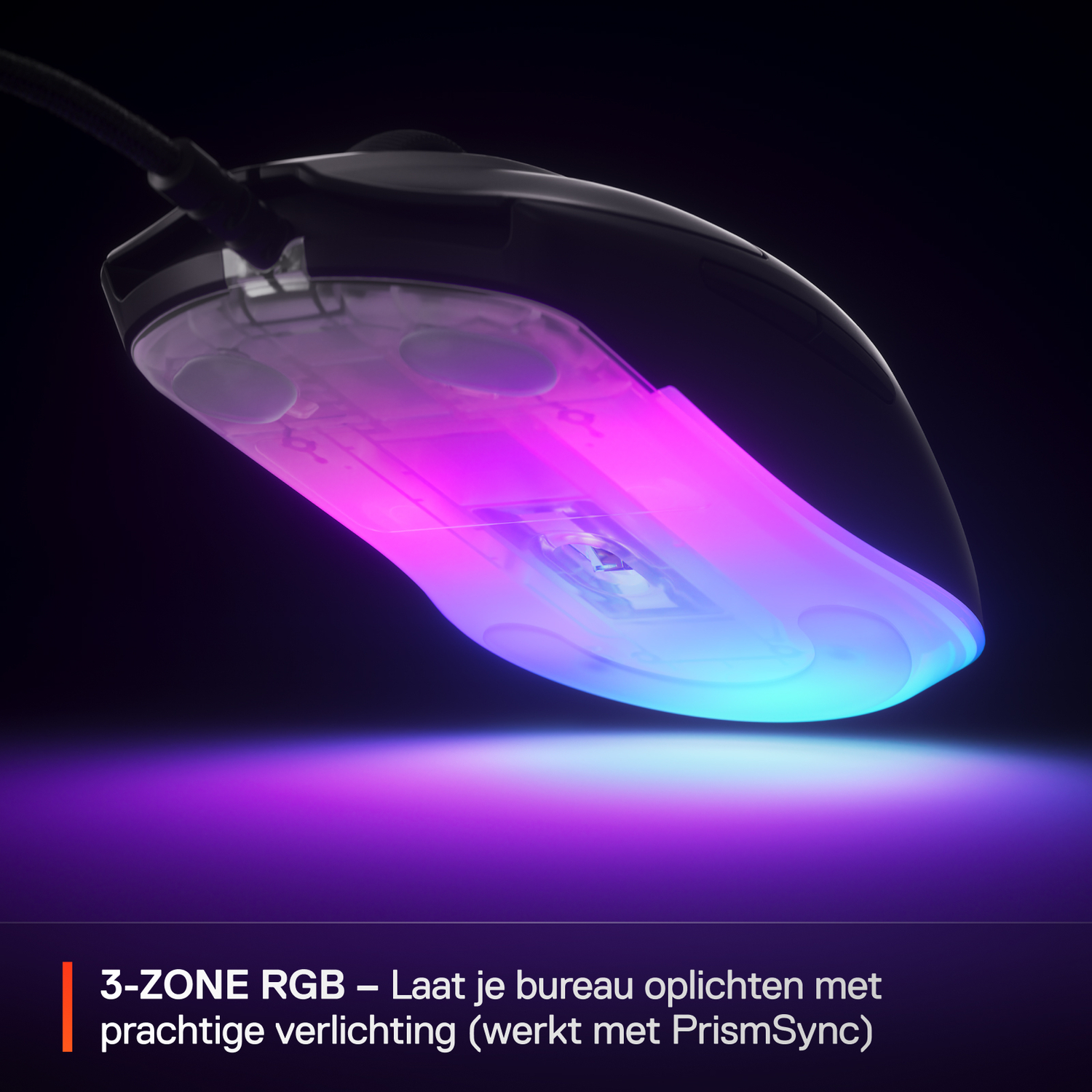 Gaming mouse with RGB lighting, showcasing the illuminated underside. Features various colors.