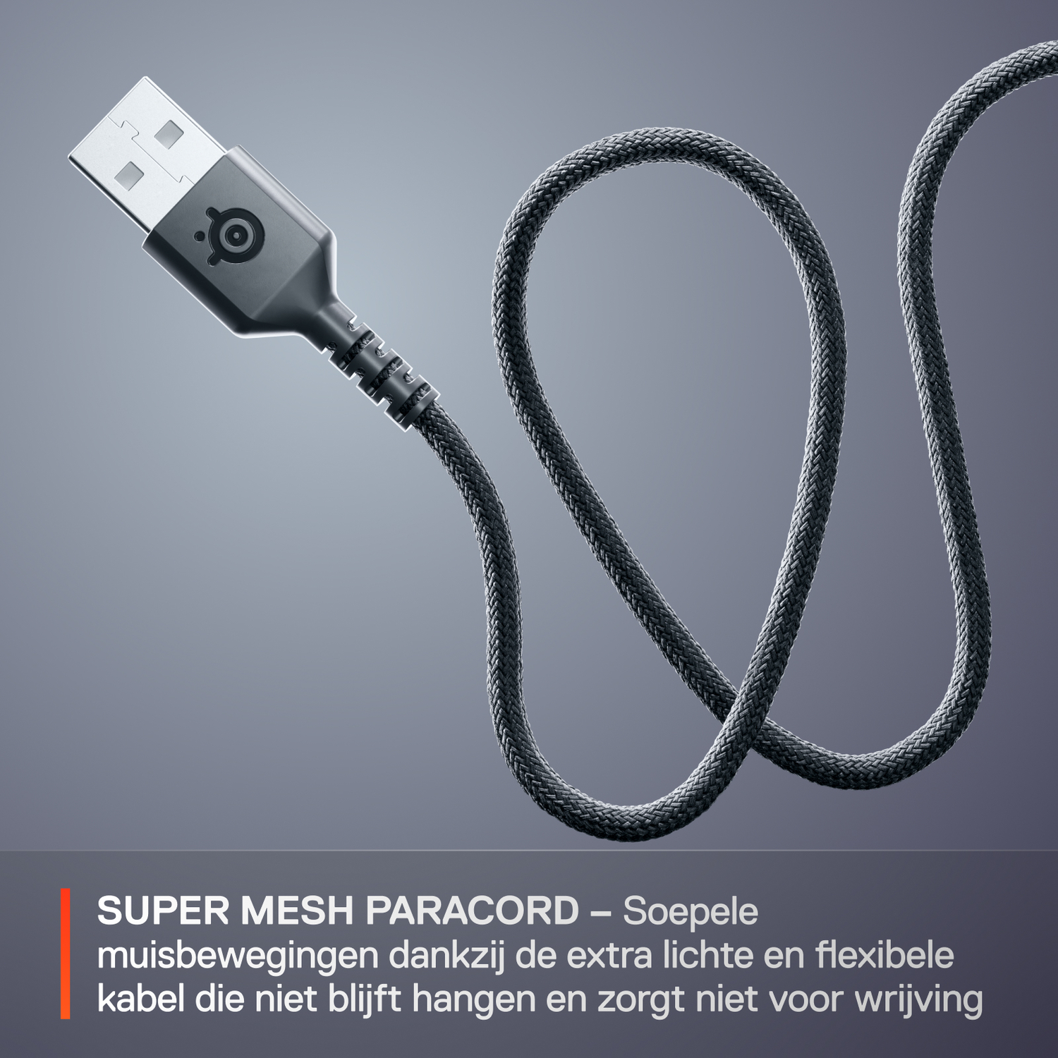 Close-up of the mouse cable, showing the USB connector and the braided cable. Gray background.