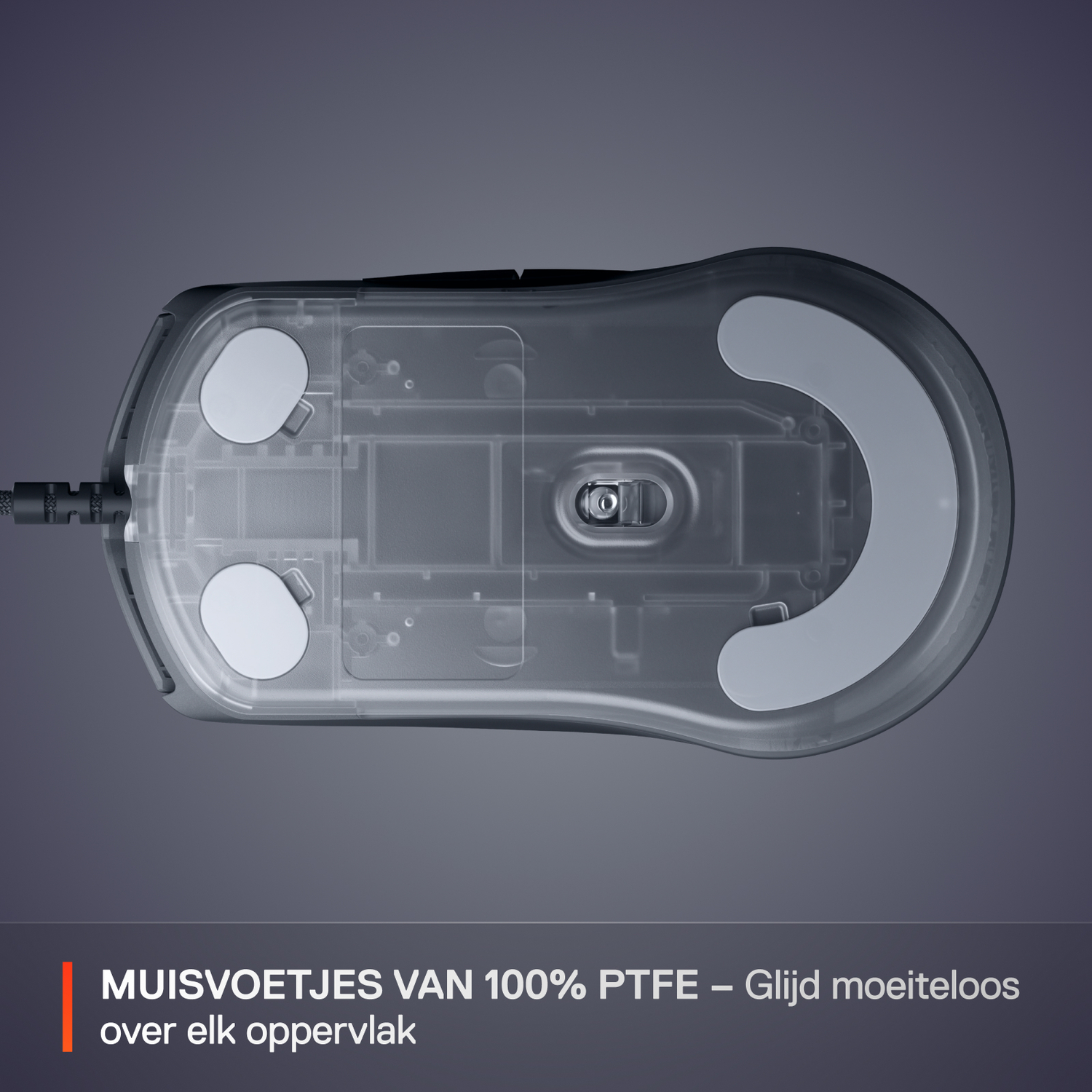 Gaming mouse base, showing mouse feet. Features three PTFE feet and a clear base.