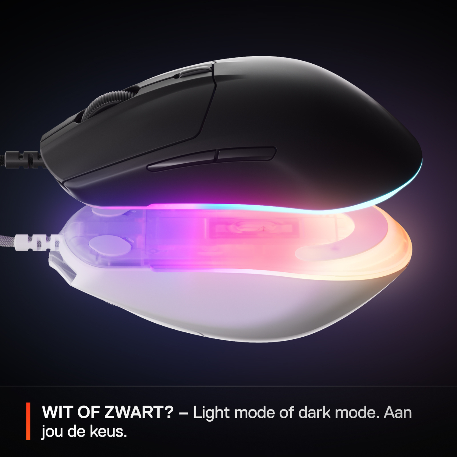Gaming mouse, top view. Black or white options available. Showing RGB lighting and design.