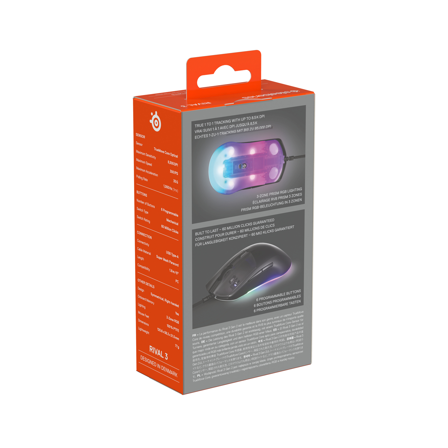 Gaming mouse box, showing the mouse, specifications, and features. Black and orange design.