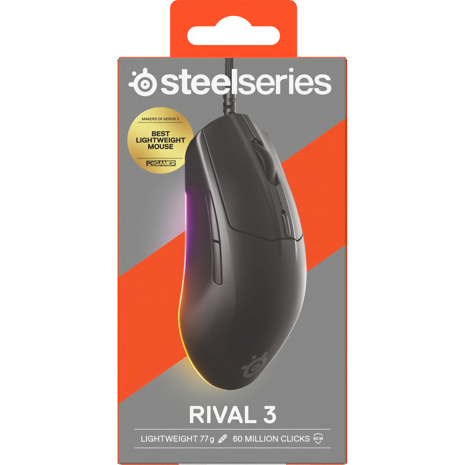Gaming mouse in box, side view, showing the model and key features. Orange and black design.