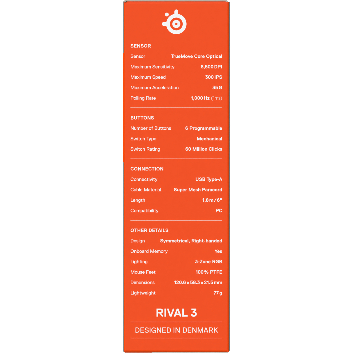 Specifications of the gaming mouse. Features, dimensions, and technical details, white background.