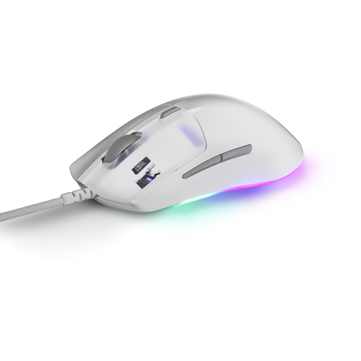 White gaming mouse, side view, showing the form, scroll wheel, and buttons. White background.
