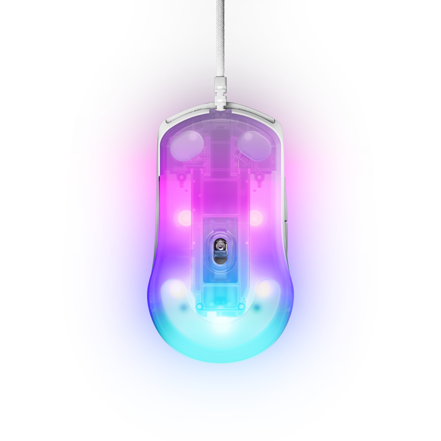 White gaming mouse with RGB lighting. It has a transparent plastic design and a white cable.