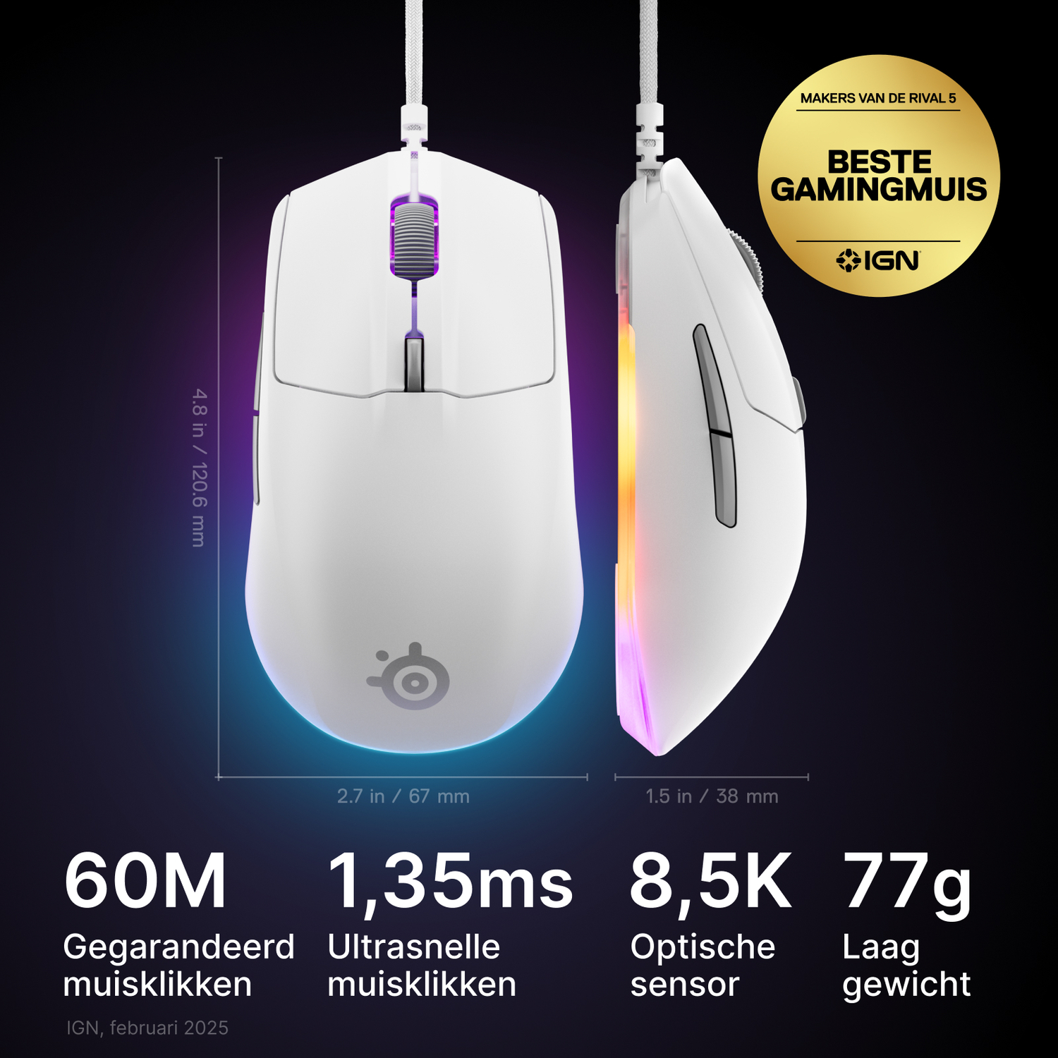 White gaming mouse, side view, with dimensions and specifications. The box says "Best Gaming Mouse".