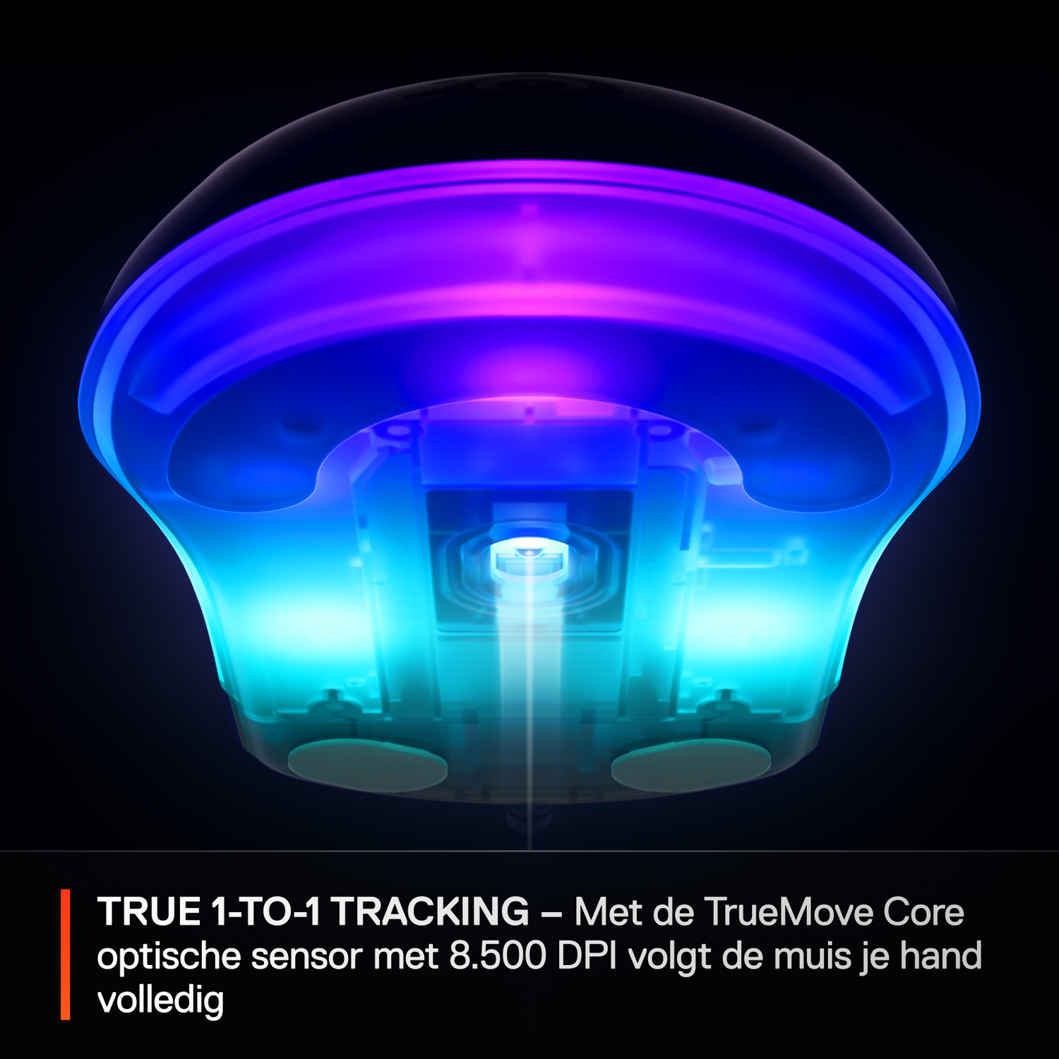Gaming mouse with a transparent top, showing internal components. It has RGB lighting, and is on a dark background.