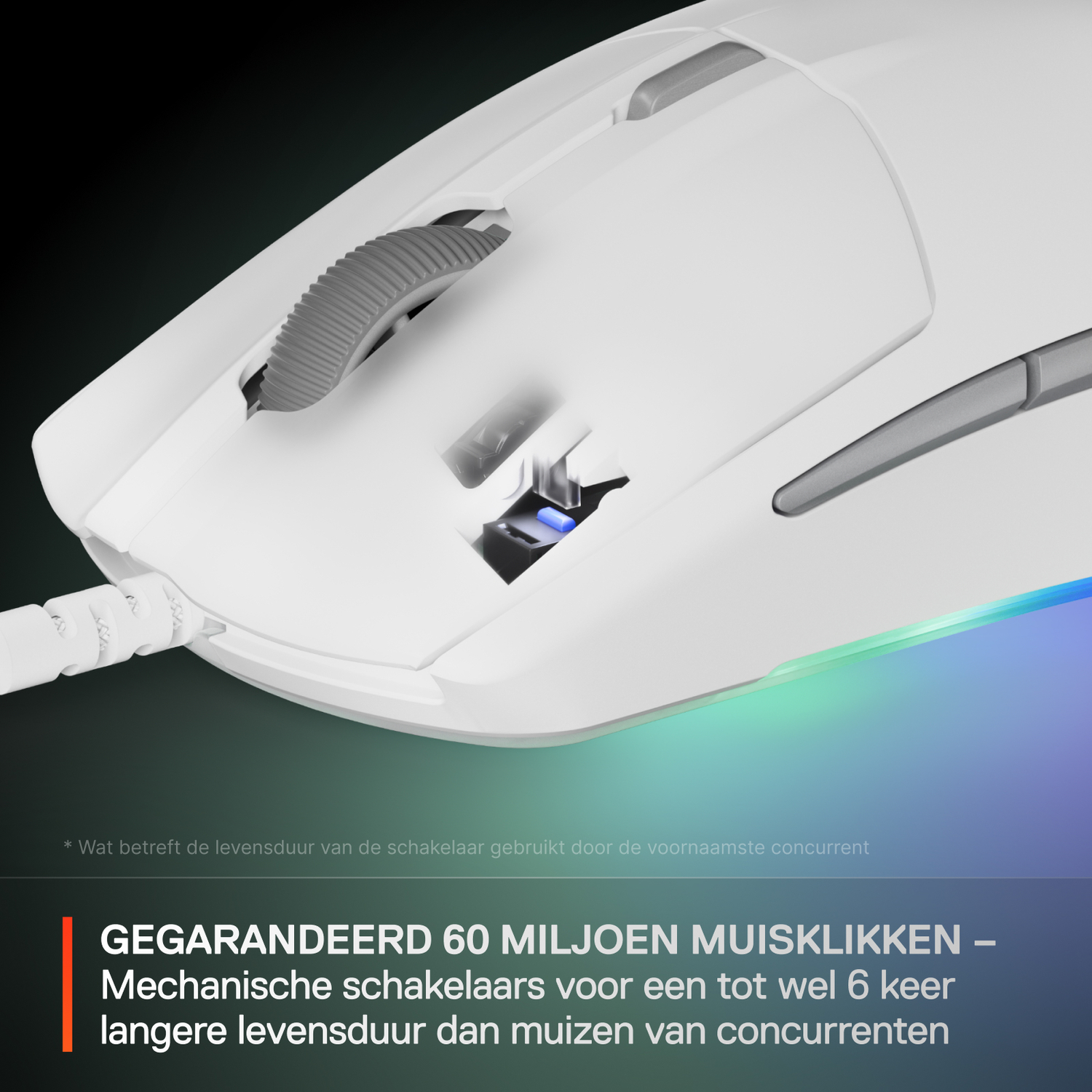 White gaming mouse, close-up, showing the buttons and internal switches. It has RGB lighting, on a dark background.