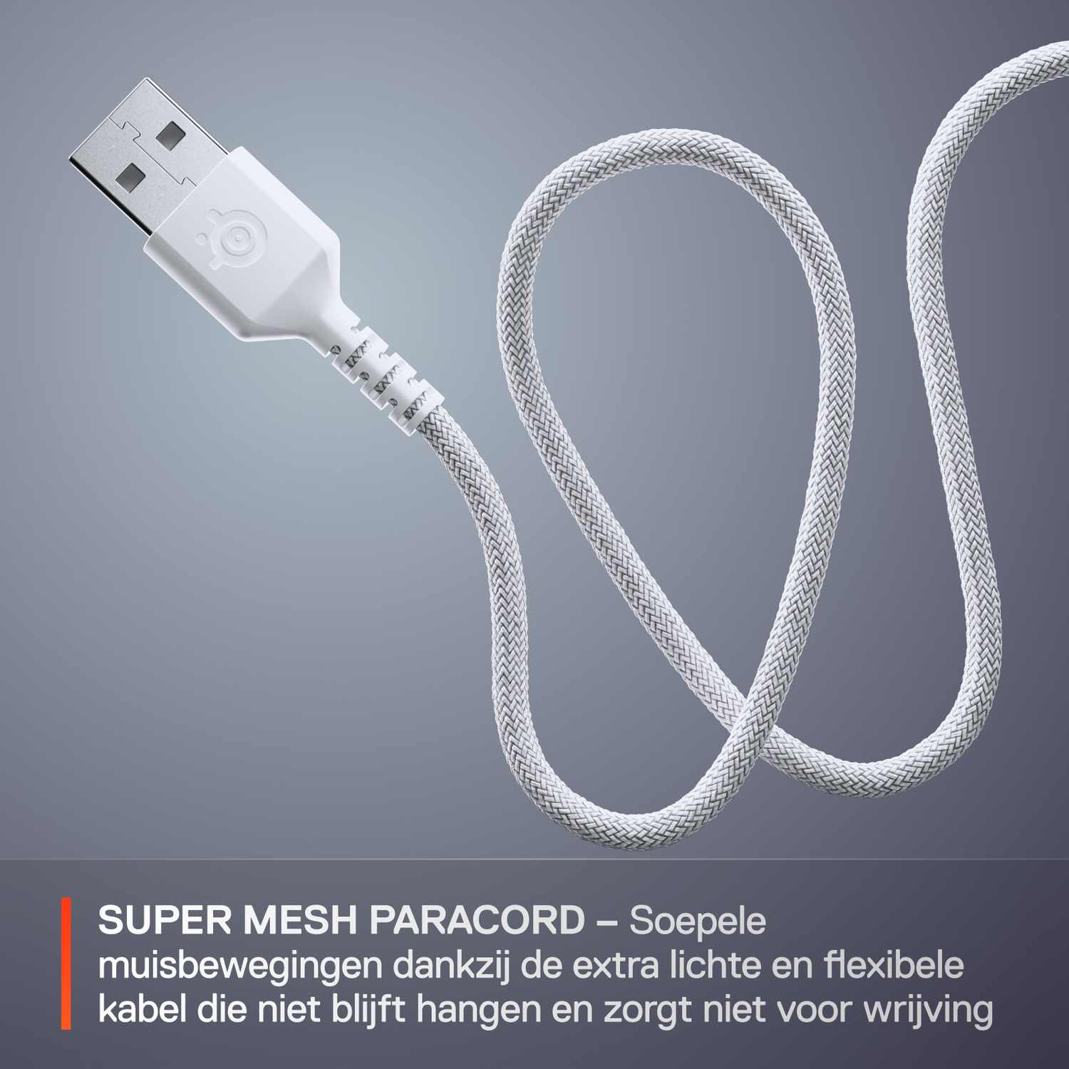 White, braided USB cable with a white connector. The cable is curved against a grey background.