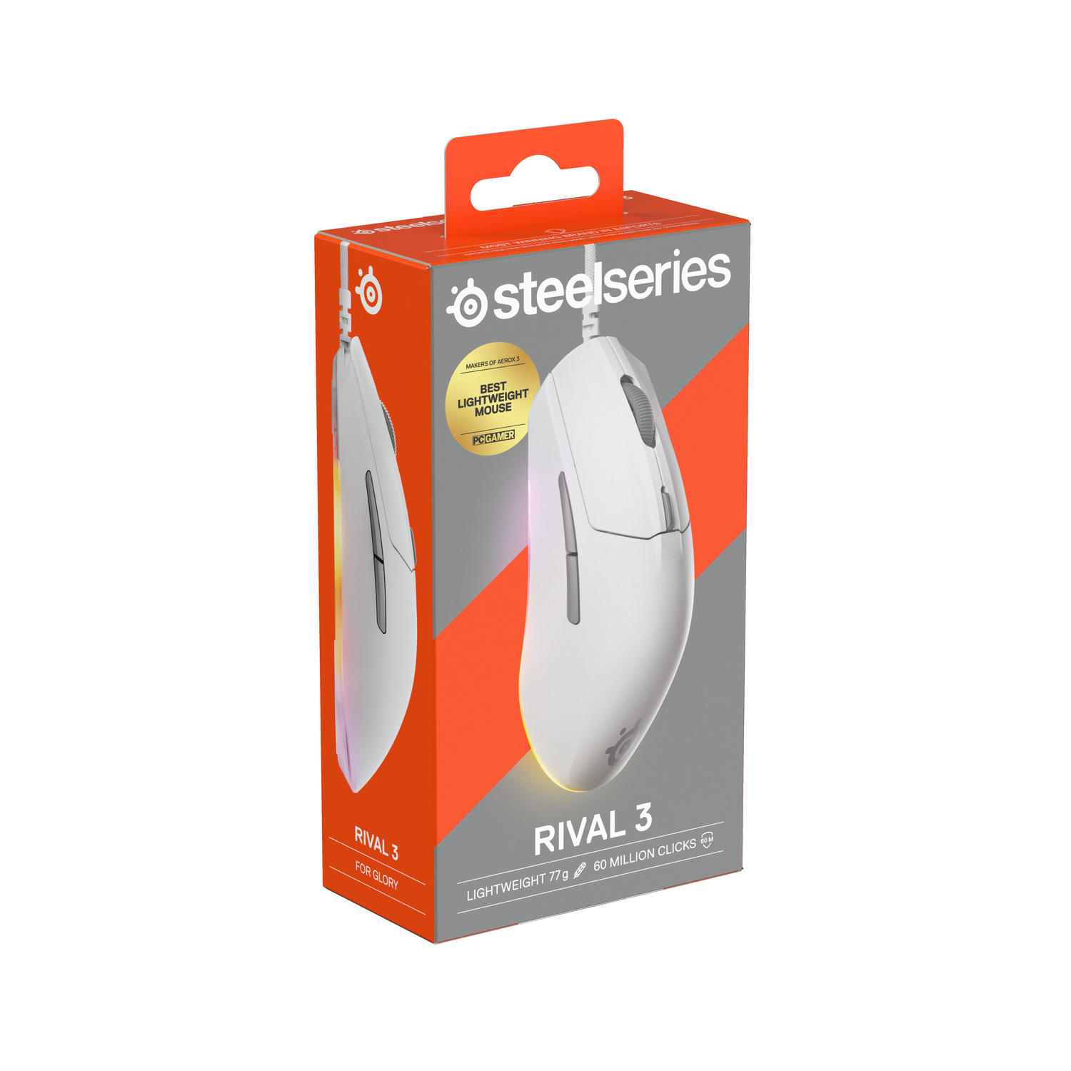 Boxed white gaming mouse, side view. Box is orange and white with product details.