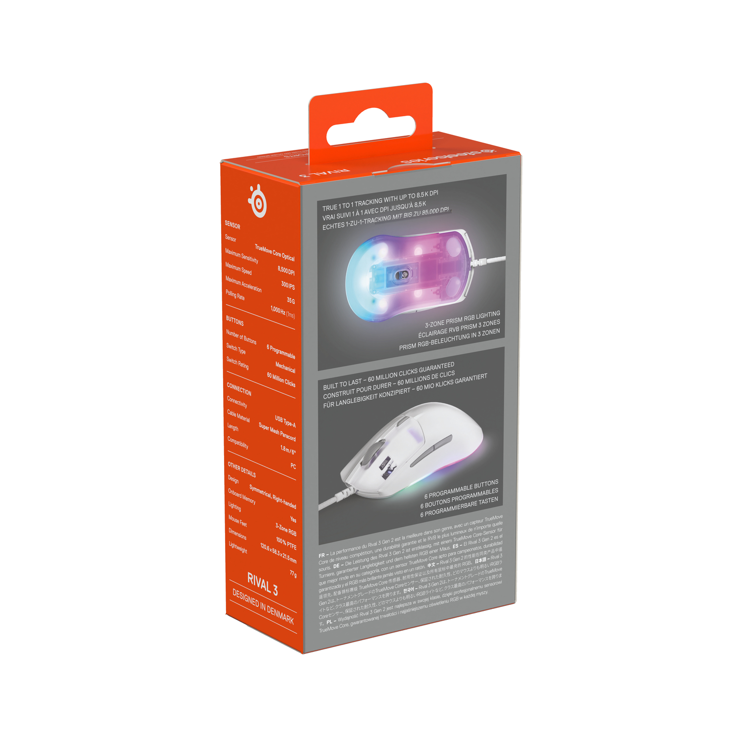 Gaming mouse box, back view, with specifications and multilingual text. White mouse with RGB.