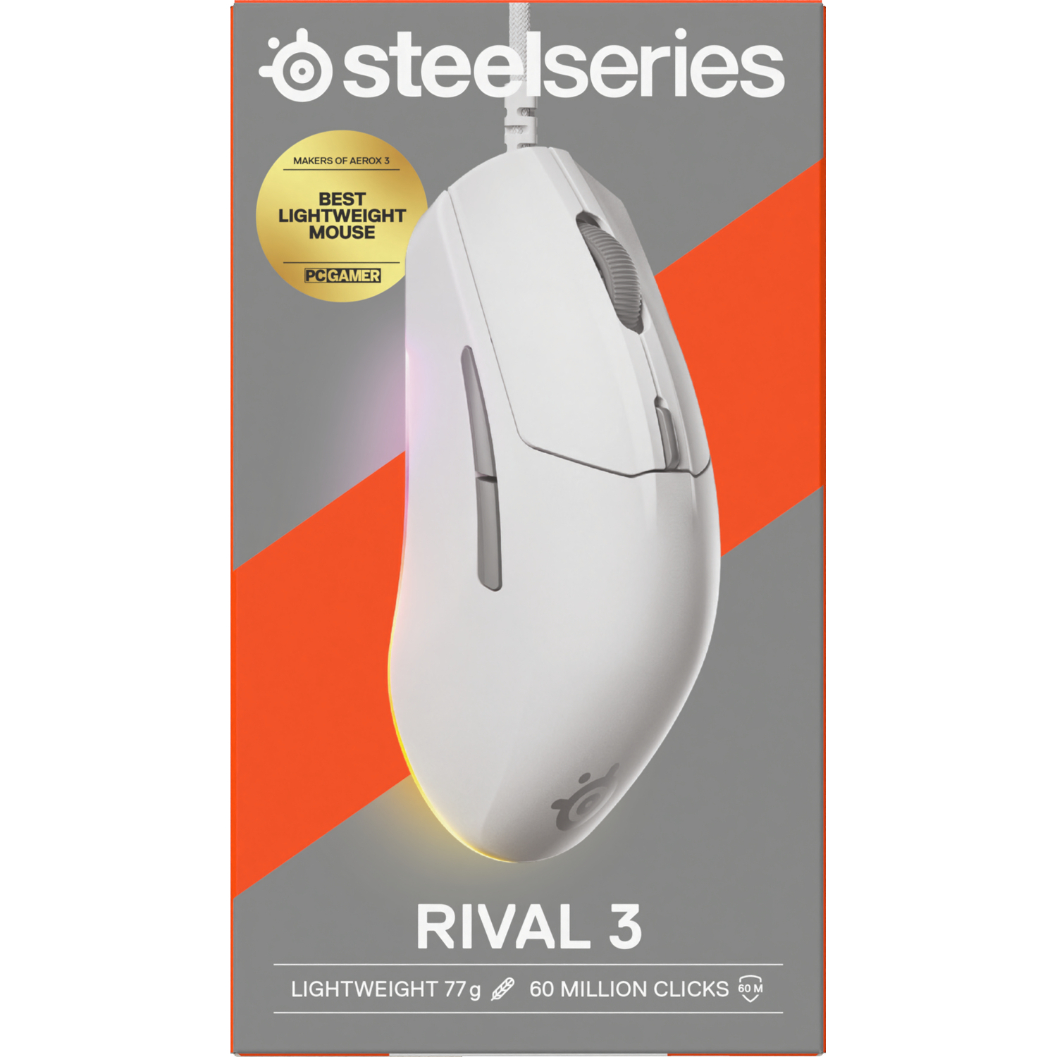 White gaming mouse in a box. Box is orange and white with text and a PC Gamer award.