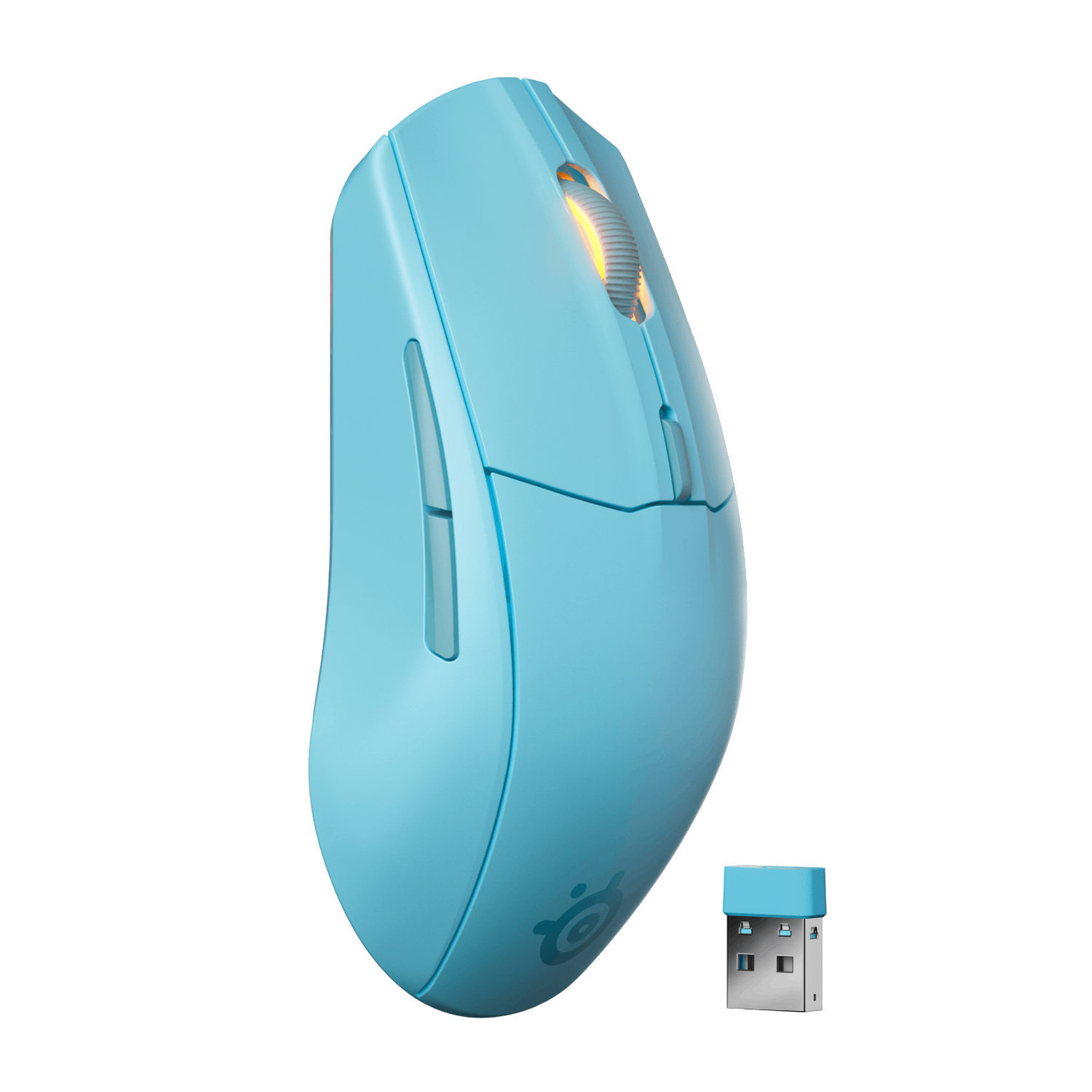 Light blue gaming mouse with a wireless USB receiver. The mouse is on a black background.