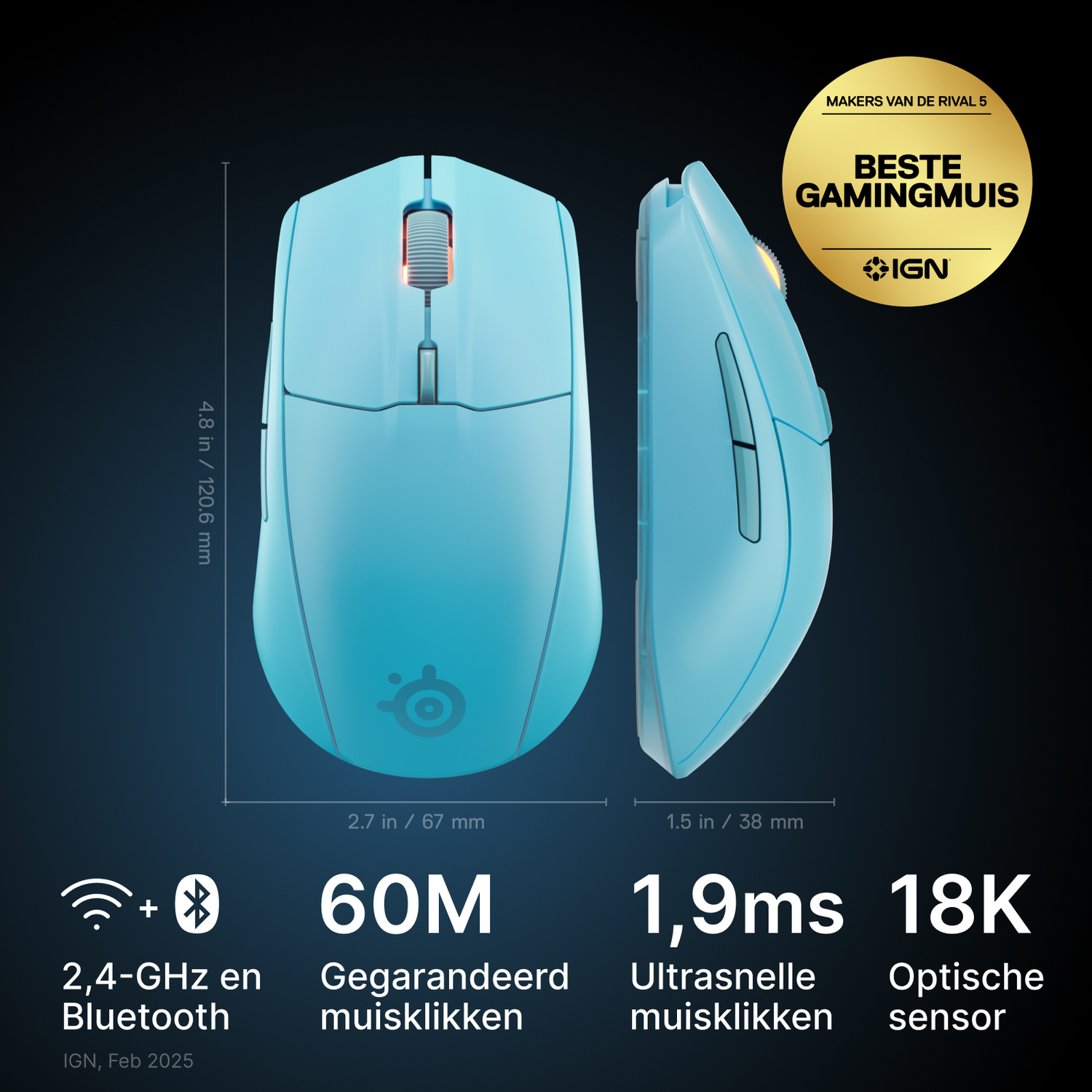 Light blue wireless mouse with dimensions and specifications: 2.4 GHz, 60M clicks, 1.9ms, 18K sensor.