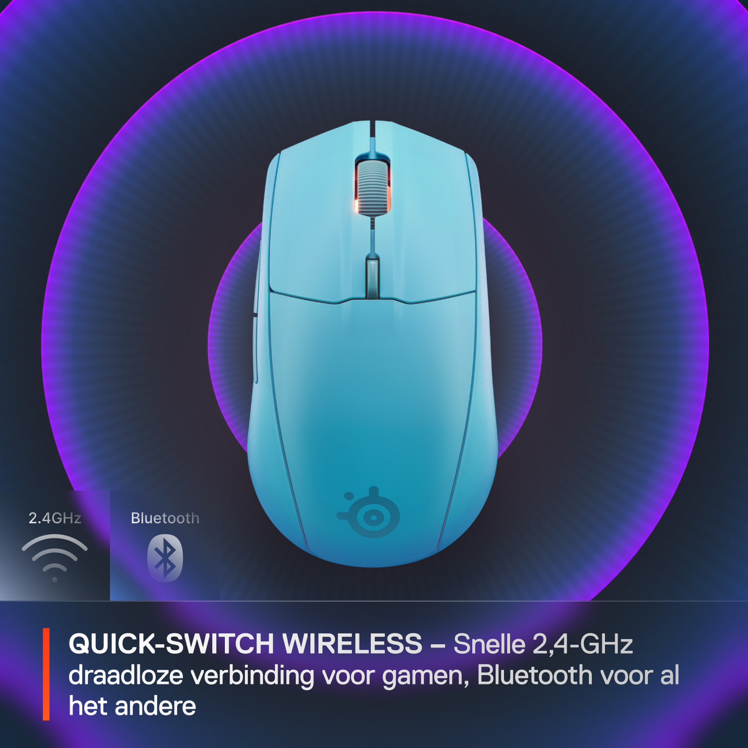 Light blue wireless mouse with a focus on 2.4GHz and Bluetooth connectivity, with a purple glow.