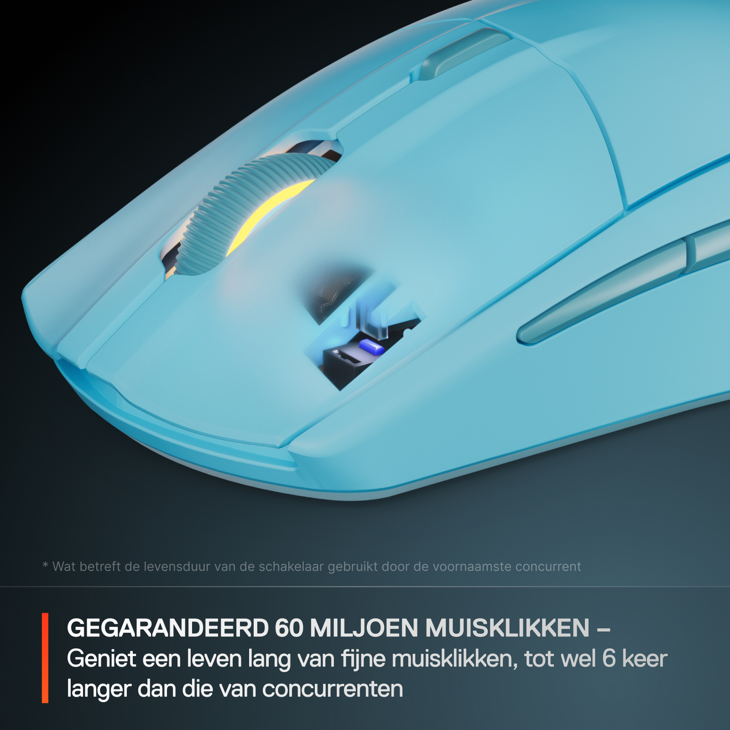 Light blue wireless mouse. Shows the 60 million clicks guarantee and internal components.