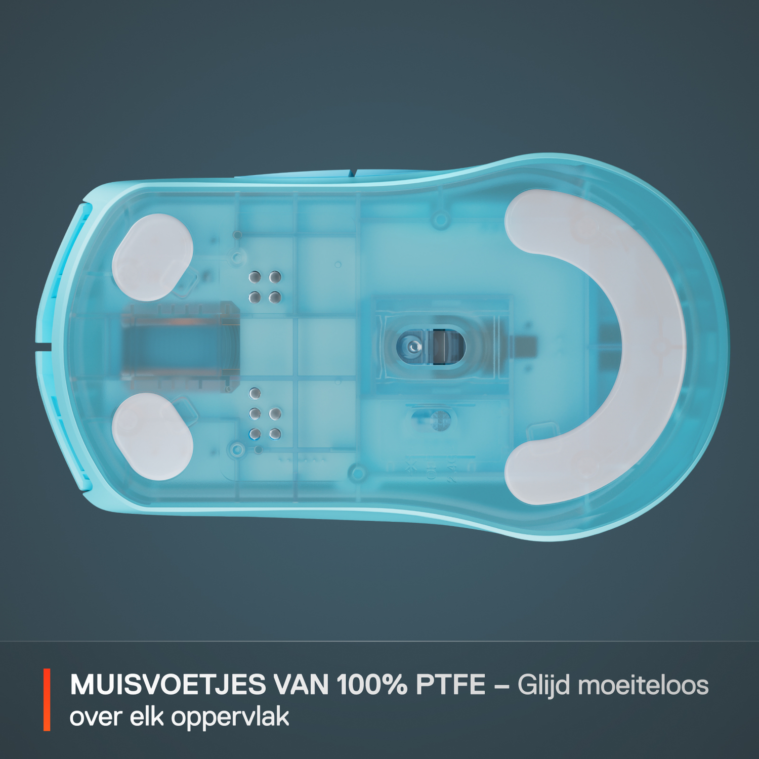 Bottom view of a light blue mouse. Shows white PTFE glide pads for smooth surface movement.