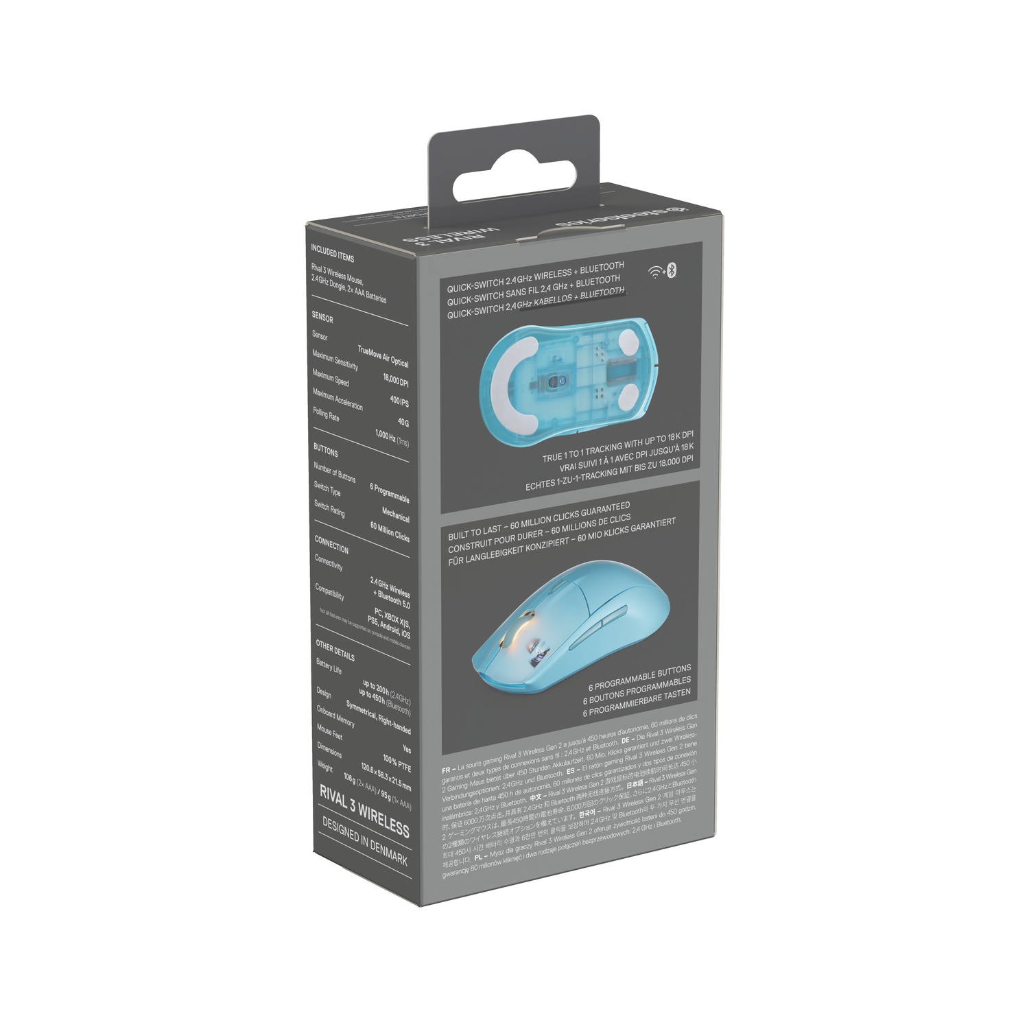 Back of the box of a light blue wireless mouse. Includes specifications, features, and multi-language text.