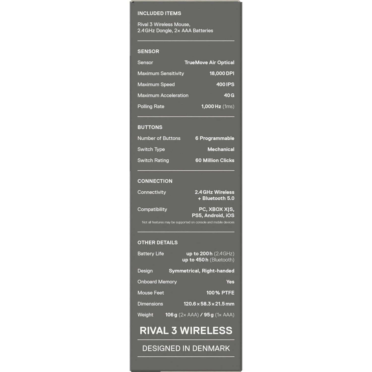 Close-up of the back of the box with specifications of the Rival 3 Wireless mouse, designed in Denmark.