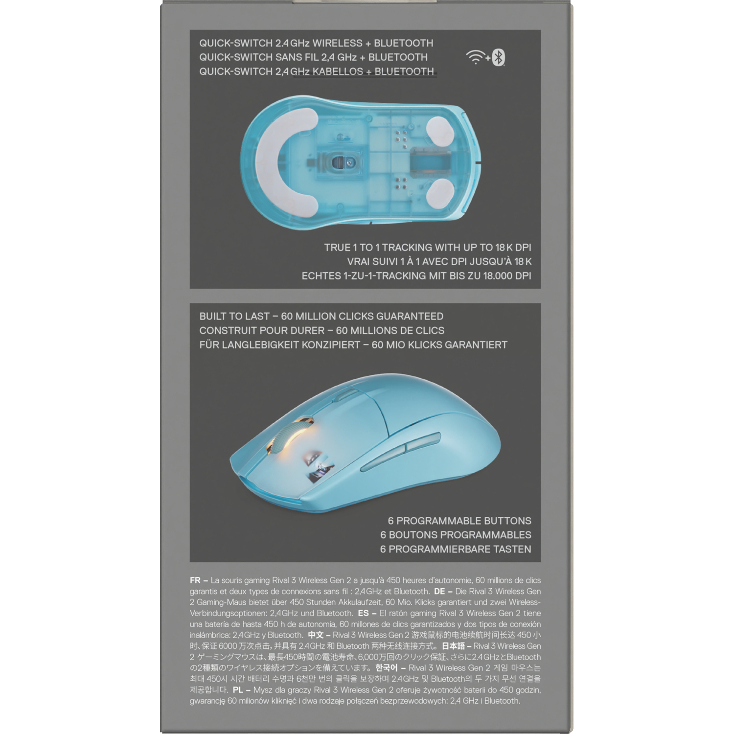 Back of box, details of Rival 3 Wireless mouse. Specifications are in multi-languages.