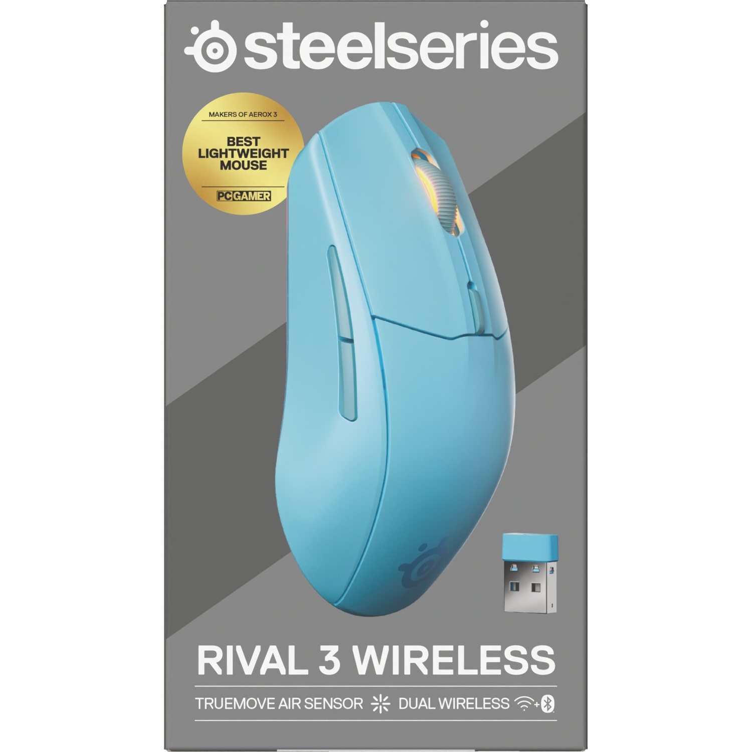 Box of a light blue wireless mouse, a close-up. Features the Rival 3 Wireless and PC Gamer award.